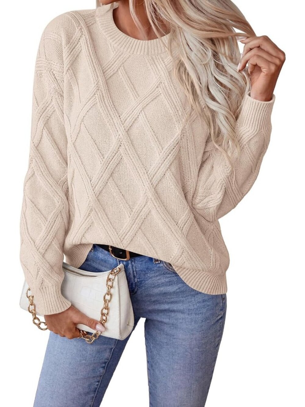 Cozy Cable Knit Crewneck Long Sleeve Sweater for Women - Perfect Fall Fashion